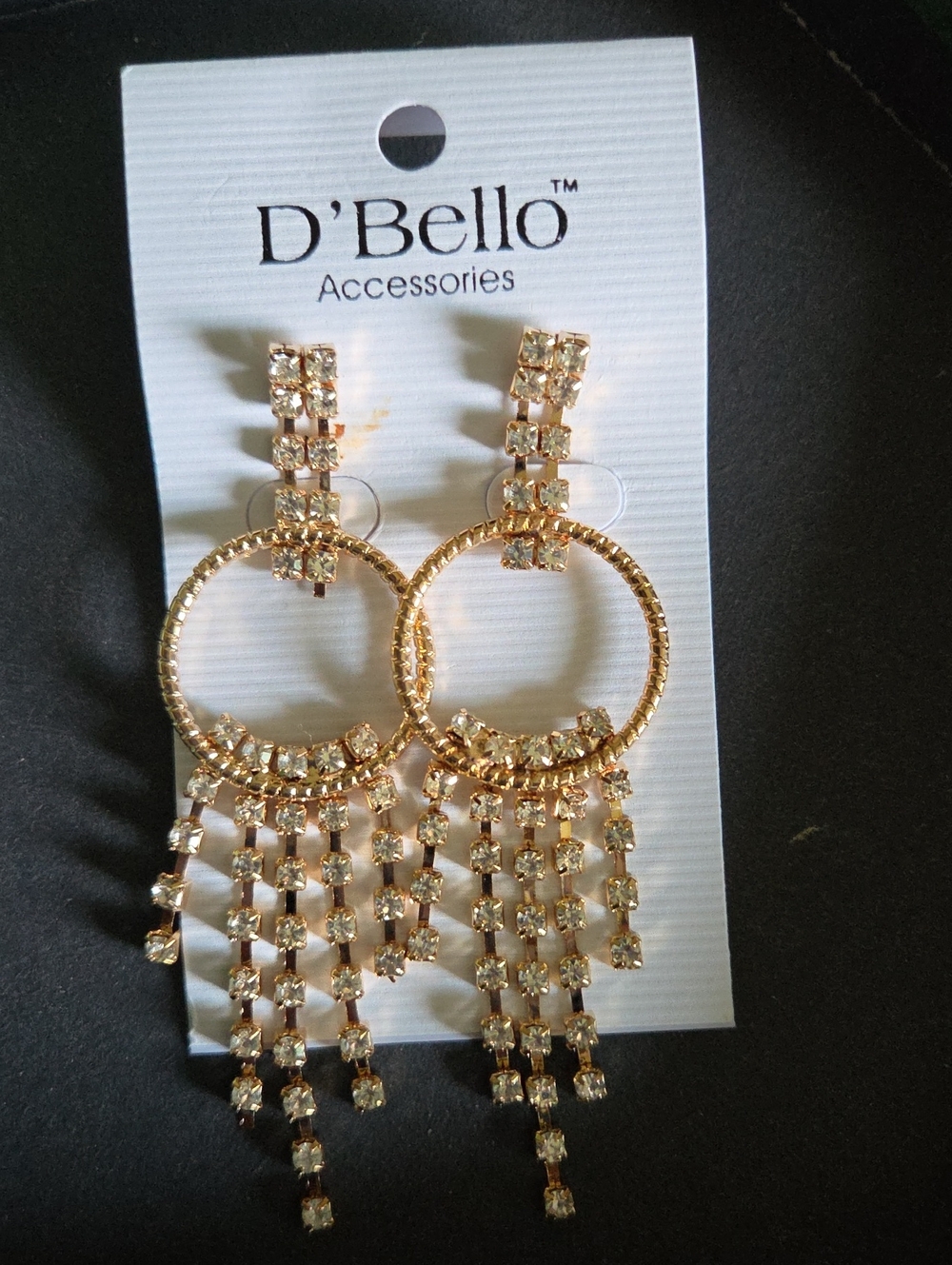 D'Bello Gold Crystal Hoop Tassel Drop Earrings. NWT.